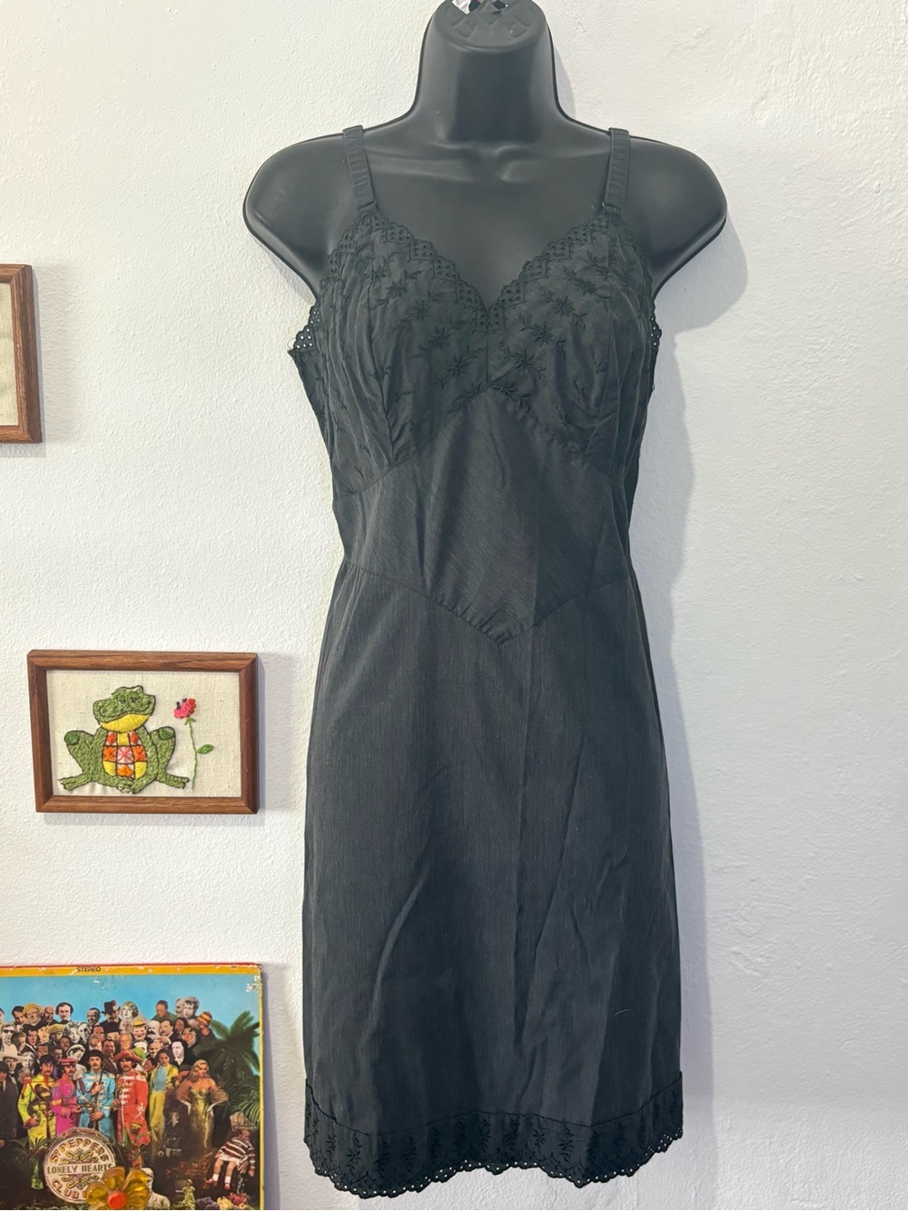 Vintage Komar Lingerie Black Lace-Trim Eyelet Slip Dress